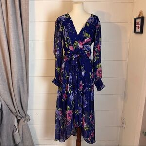 Jessica Howard V-Neck Blue Floral High Low Flounce Dress Size 8